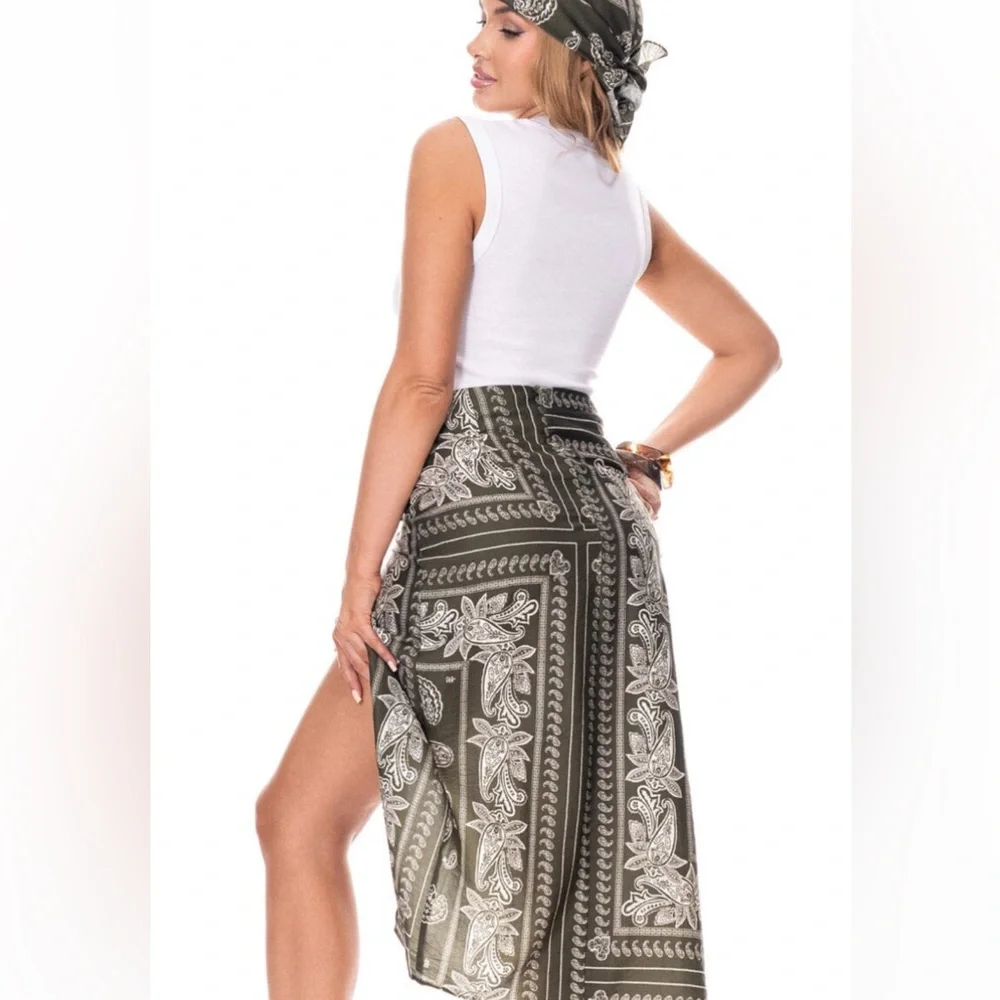 NWT GALITA boutique Olive Paisley faux Wrap Skirt w front Slit Sz L & bandana
